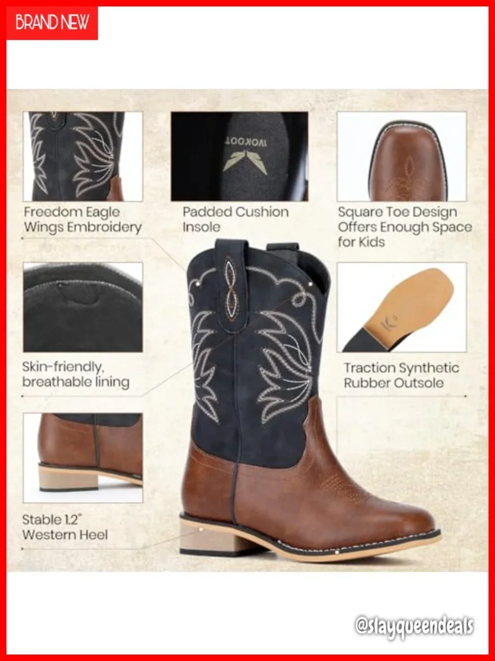 Kids Cowboy Boots Square Toe Faux Leather Western Equestrian
